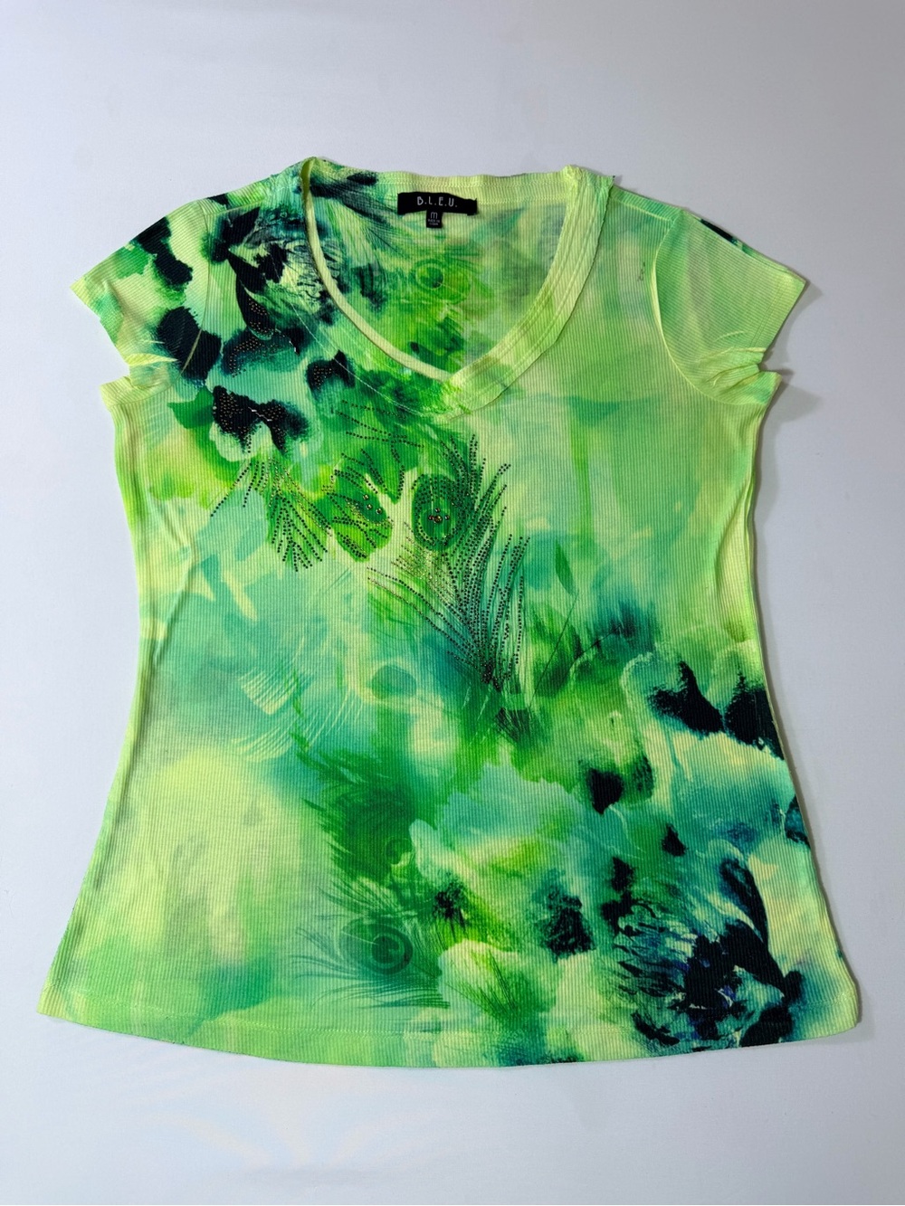 B.L.E.U. Y2K Wearable Art Green Top Women’s Medium Peacock Feather Short Sleeve